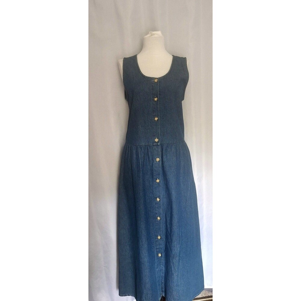 Vtg 90s Denim Jumper Dress Womens Button down Pockets Coastal Cottagecore  S/M